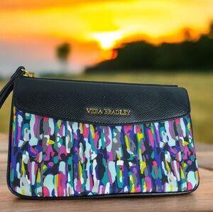 Vera Bradley Black Watercolor Brush Stroke Envelope Wristlet Wallet Clutch Zip